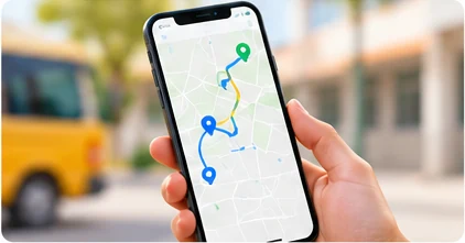 Mão segurando um celular que exibe um mapa com rota, com uma van escolar ao fundo