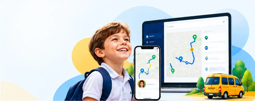 Criança com mochila ao lado de um celular e um computador exibindo o painel de rotas do Kidstino, com uma van escolar amarela